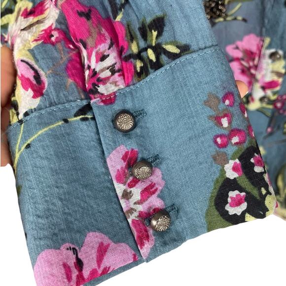 Soft Surroundings Sequins Embroidered Floral Top Roll Tab Sleeves Boho Sz Medium - Picture 11 of 16